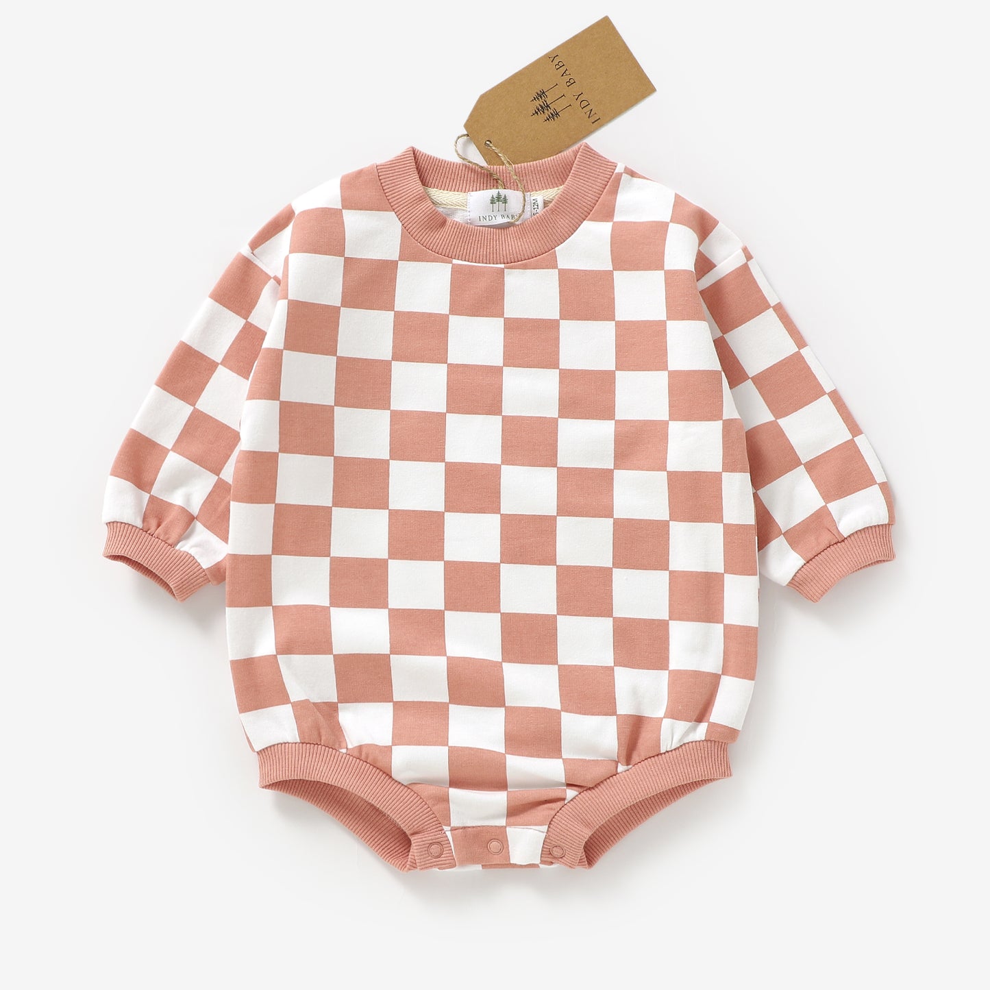 Checkered Sweatshirt Romper - Rose