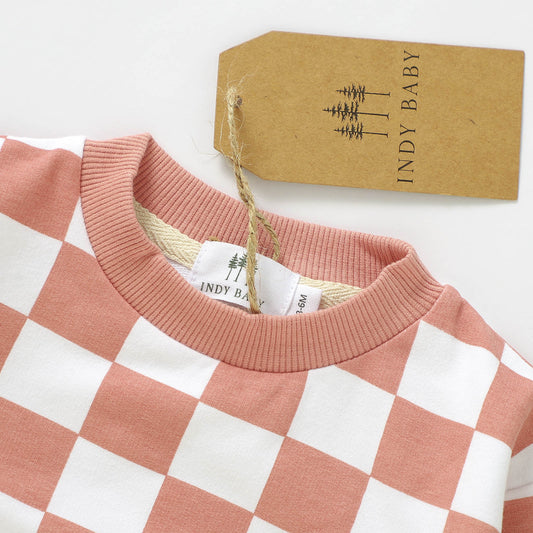 Checkered Sweatshirt Romper - Rose