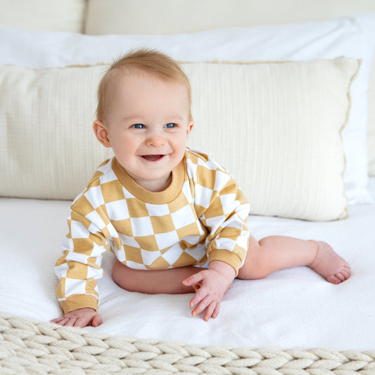 Checkered Sweatshirt Romper - Goldenrod