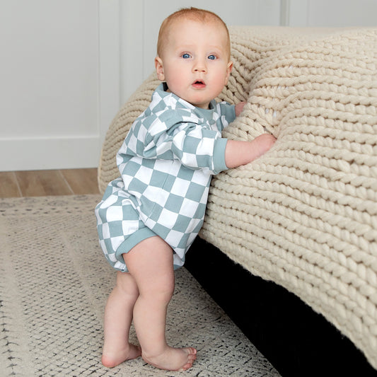 Checkered Sweatshirt Romper - Shark