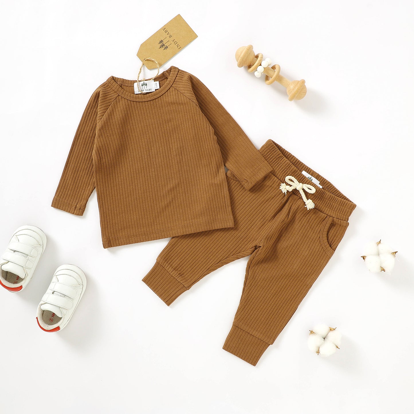 Long Sleeve Ribbed Set - Rust