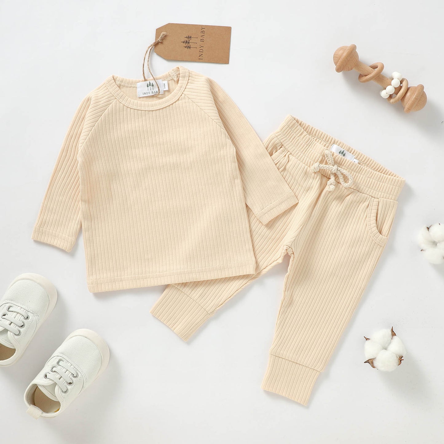 Long Sleeve Ribbed Set - Cream