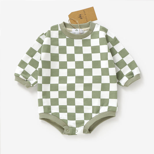 Checkered Sweatshirt Romper - Celery