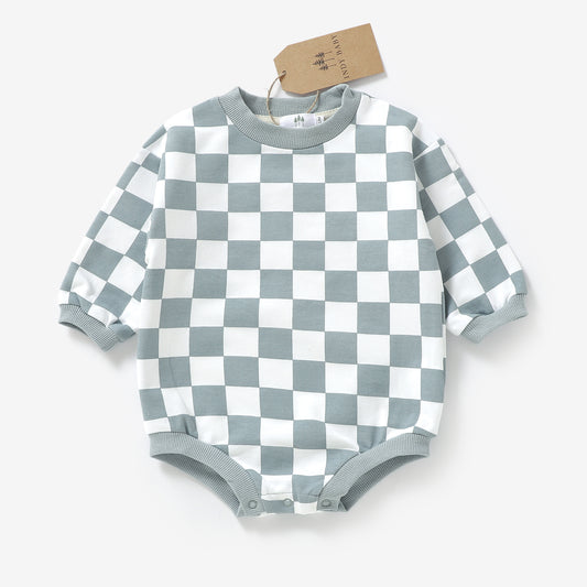 Checkered Sweatshirt Romper - Shark