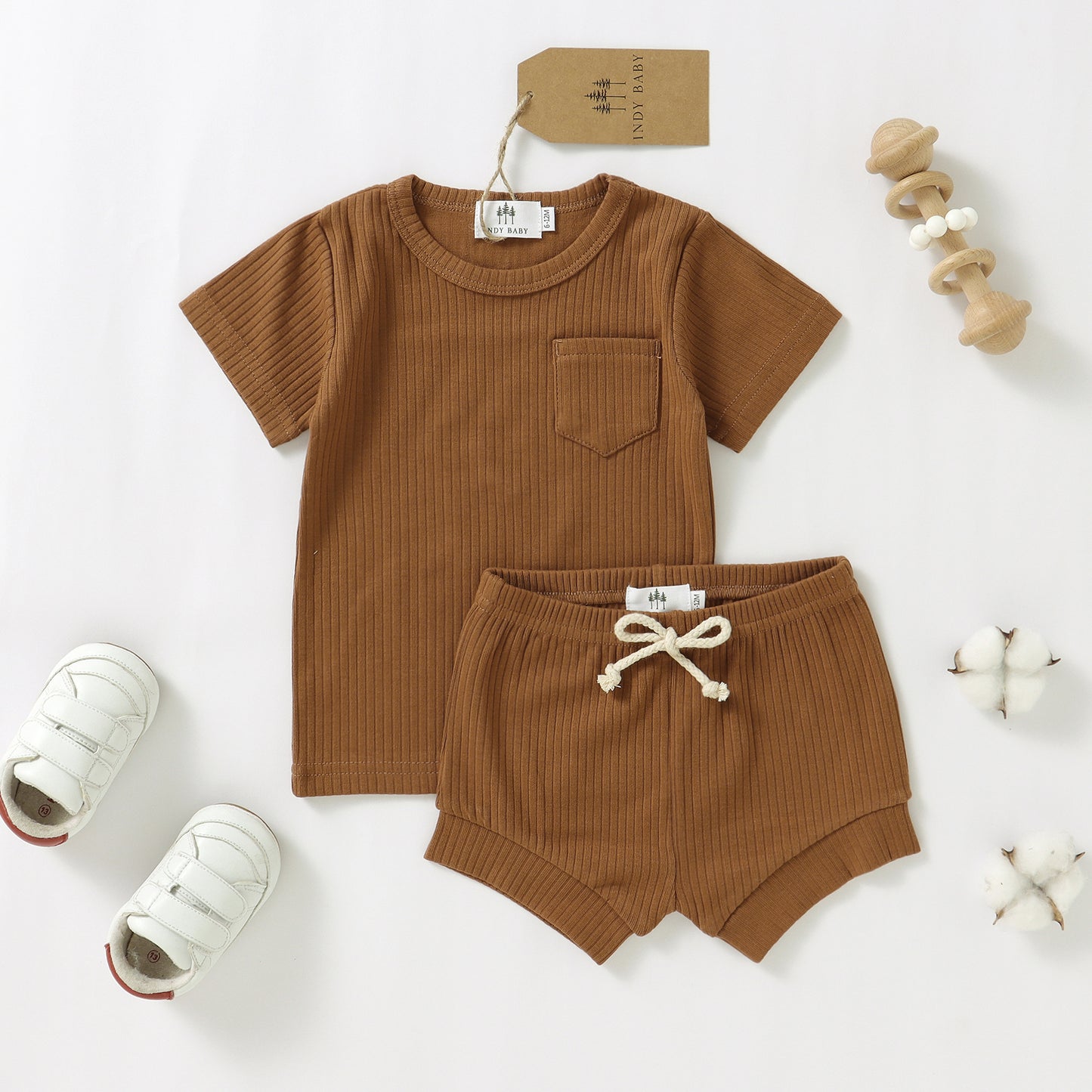 Short Sleeve Ribbed Set - Rust